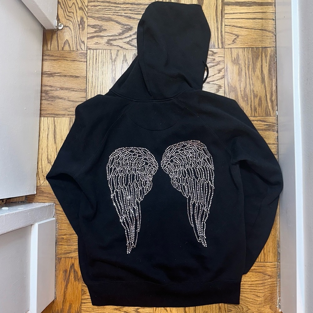 Angel Wing Rhinestone encrusted Black Hoodie, XL